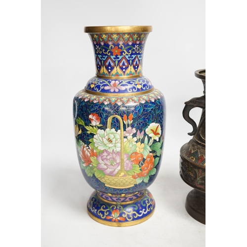 1310 - A Japanese bronze and champlevé enamel vase and a Chinese cloisonné enamel vase, Champlevé vase 24cm... 