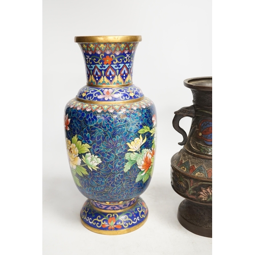 1310 - A Japanese bronze and champlevé enamel vase and a Chinese cloisonné enamel vase, Champlevé vase 24cm... 