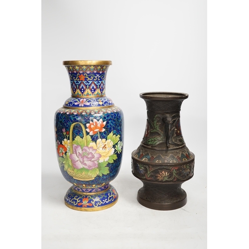 1310 - A Japanese bronze and champlevé enamel vase and a Chinese cloisonné enamel vase, Champlevé vase 24cm... 