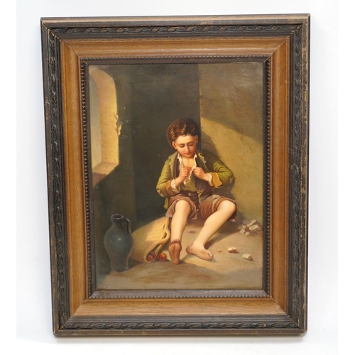 1313 - A KPM Berlin porcelain plaque, painted with a young beggar after Murillo, 18.5cm wide, 25cm high. Co... 