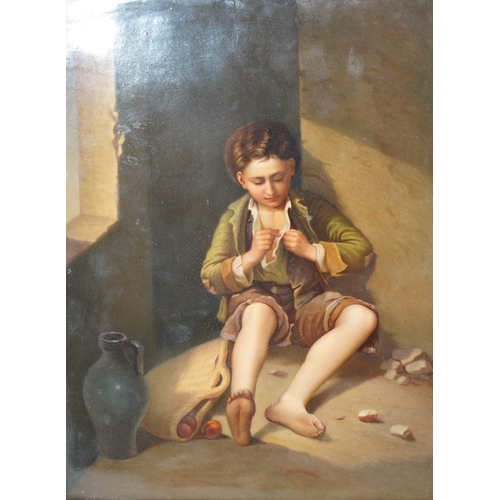 1313 - A KPM Berlin porcelain plaque, painted with a young beggar after Murillo, 18.5cm wide, 25cm high. Co... 