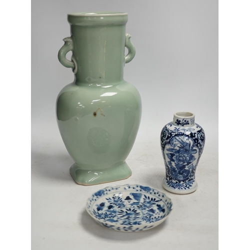 1316 - A Chinese celadon glazed two handled vase and a Chinese blue and white vase and dish, celadon vase 2... 