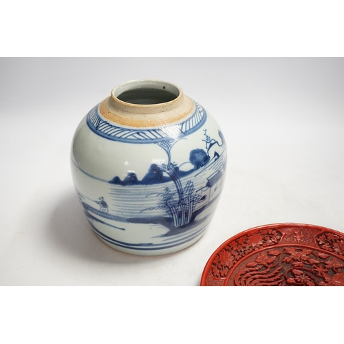 1318 - A Chinese blue and white  jar and red cinnabar style lacquer tray, jar 16.5cm high. Condition - fair... 