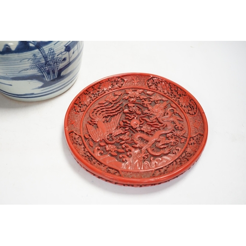 1318 - A Chinese blue and white  jar and red cinnabar style lacquer tray, jar 16.5cm high. Condition - fair... 