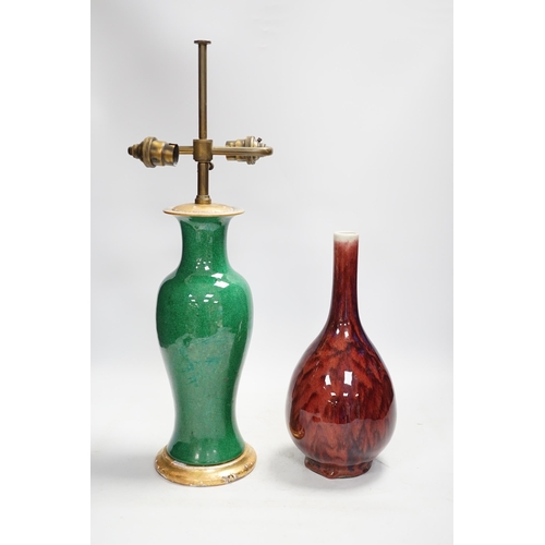 1324 - A Chinese green crackle glazed vase converted to a lamp base and a flambé style vase, lamp base 50cm... 