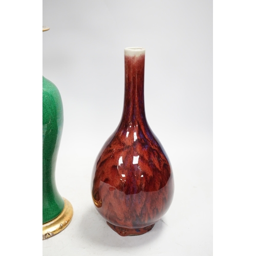 1324 - A Chinese green crackle glazed vase converted to a lamp base and a flambé style vase, lamp base 50cm... 