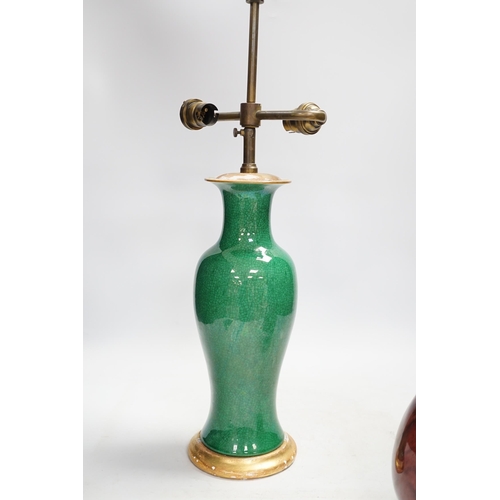 1324 - A Chinese green crackle glazed vase converted to a lamp base and a flambé style vase, lamp base 50cm... 