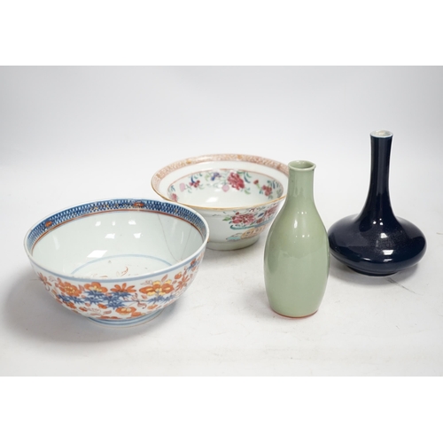 1325 - A Chinese famille rose bowl, an Imari patterned bowl, a small blue glazed vase and a similar celadon... 