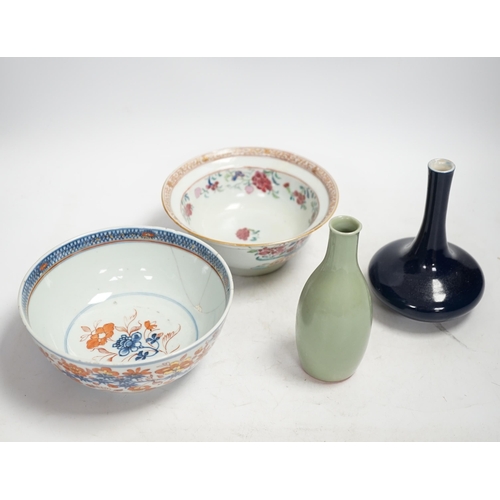 1325 - A Chinese famille rose bowl, an Imari patterned bowl, a small blue glazed vase and a similar celadon... 