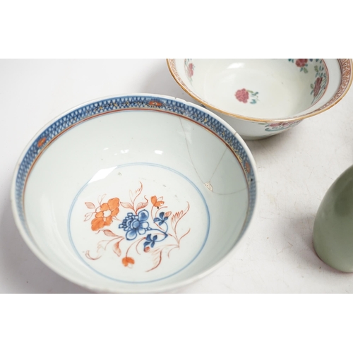 1325 - A Chinese famille rose bowl, an Imari patterned bowl, a small blue glazed vase and a similar celadon... 