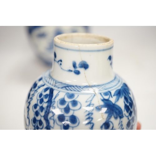 1327 - A Chinese Kangxi blue and white jar and a similar vase, jar 19.5cm high. Condition - both cracked an... 