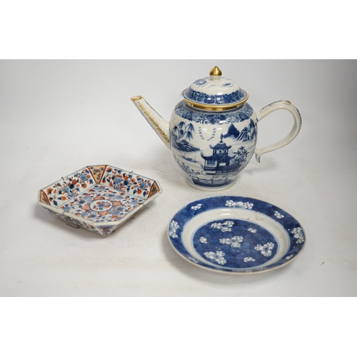 1329 - A Chinese blue and white teapot and cover, a prunus dish and an Imari patterned dish, all 18th centu... 