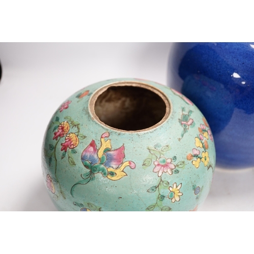 1333 - A Chinese powder blue jar, late 19th century, drilled hole to base and a turquoise glazed ground jar... 