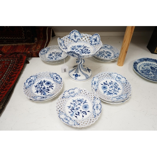 1343 - A late 19th Meissen blue and white onion pattern dessert service, consisting of a pair of comports a... 