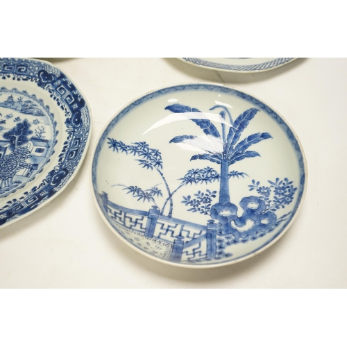 1345 - Four various Chinese export blue and white dishes, 18th/19th century, largest 26cm, largest 26cm dia... 