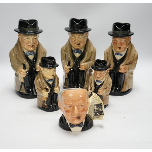 1348 - A group of six Doulton Winston Churchill character jugs, largest 23cm high. Condition - good, some c... 