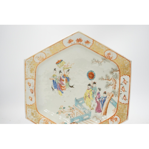 1353 - An 18th century Chinese hexagonal dish, painted with figures on a terrace, 28cm wide. Condition - fa... 