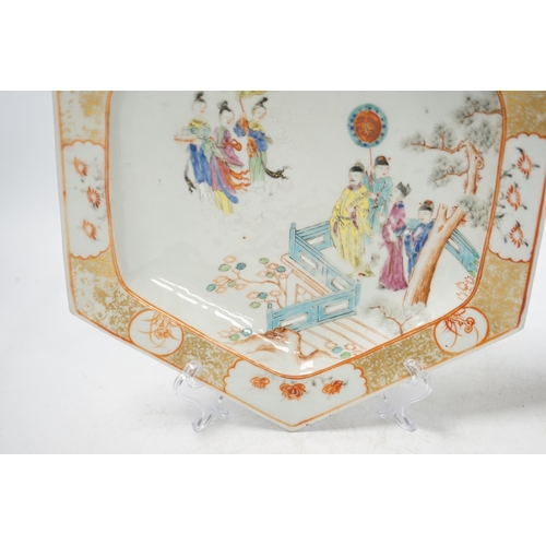 1353 - An 18th century Chinese hexagonal dish, painted with figures on a terrace, 28cm wide. Condition - fa... 