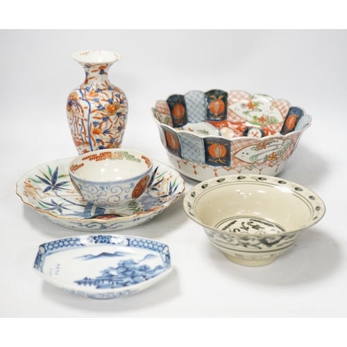 1358 - Japanese ceramics to include an Imari vase and bowl and a blue and white dish, 22cm diameter. Condit... 