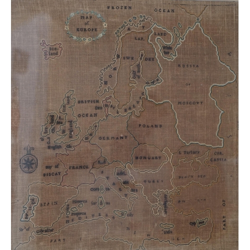 1359 - A late 19th century map sampler of Europe, linen backing discoloured by the light and sun, 46cm wide... 