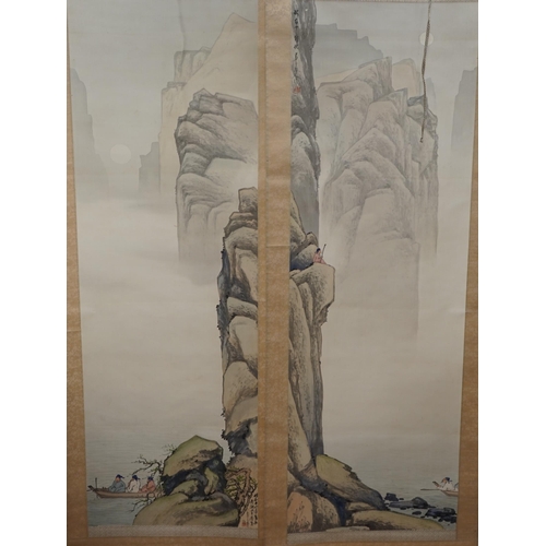 1360 - Kodama Kibou, a pair of landscape scrolls, 123cm x 43cm. Condition - fair, some discolouration... 