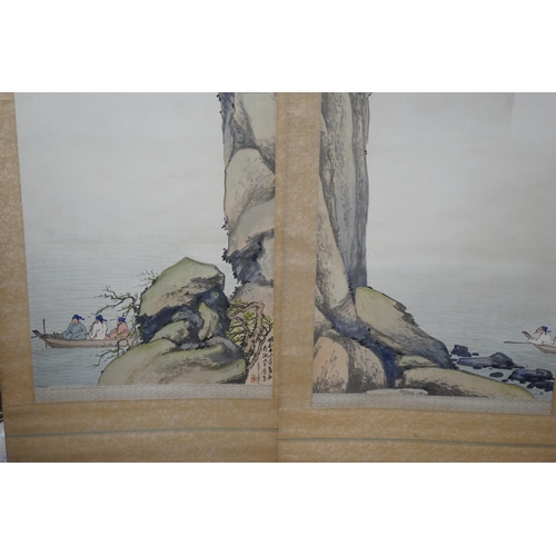 1360 - Kodama Kibou, a pair of landscape scrolls, 123cm x 43cm. Condition - fair, some discolouration... 