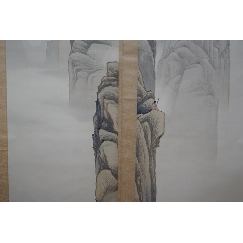 1360 - Kodama Kibou, a pair of landscape scrolls, 123cm x 43cm. Condition - fair, some discolouration... 