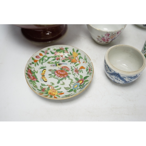 1364 - Chinese ceramics to include a sang de boeuf pedestal bowl and a famille rose dish, 20cm diameter. Co... 