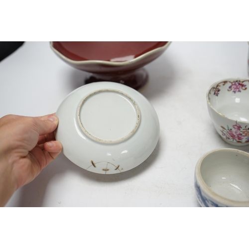 1364 - Chinese ceramics to include a sang de boeuf pedestal bowl and a famille rose dish, 20cm diameter. Co... 