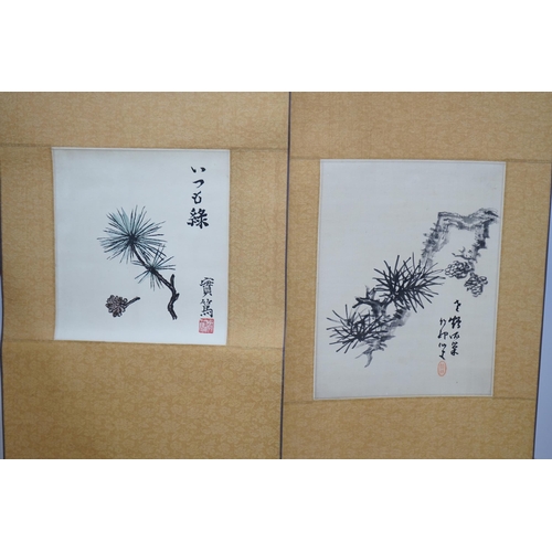 1365 - Chikusen, woodblock printed scroll, Pine-Hasu Branch and Saneatsu Mushakoji, boxed, largest 34 x 26c... 