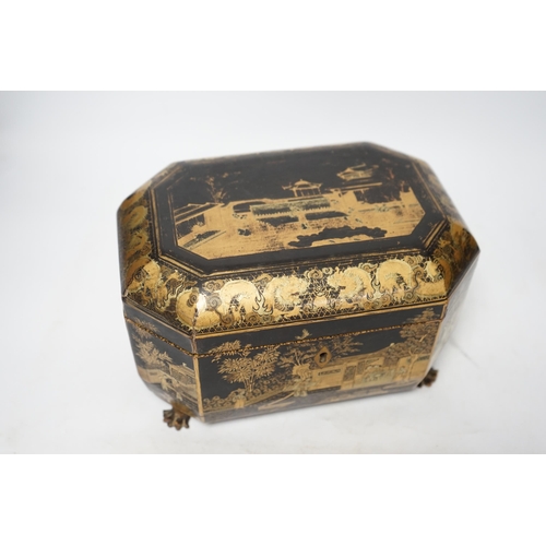 1367 - A mid 19th century Chinese export black and gold lacquer tea caddy, retaining engraved pewter tea ca... 