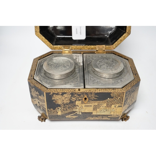 1367 - A mid 19th century Chinese export black and gold lacquer tea caddy, retaining engraved pewter tea ca... 