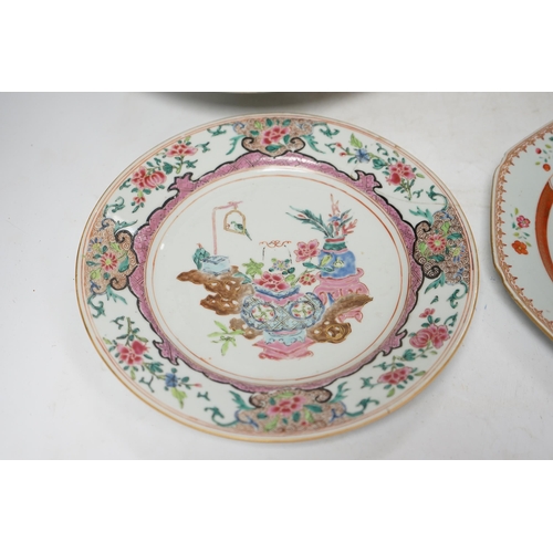 1370 - A pair of Chinese famille rose octagonal dishes, one other similar and a Cantonese dish, 18th/19th c... 