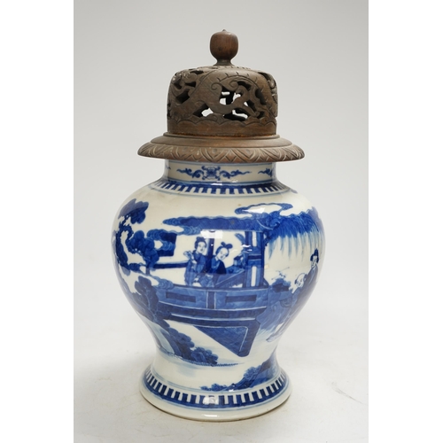 1371 - A 19th century Chinese blue and white baluster jar, painted with a scene from the Romance of the Wes... 