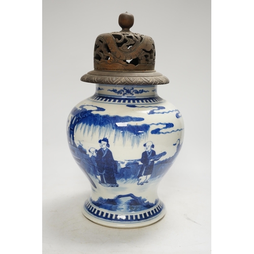 1371 - A 19th century Chinese blue and white baluster jar, painted with a scene from the Romance of the Wes... 