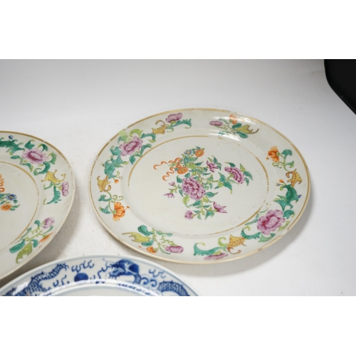 1373 - A pair of 19th century Chinese famille rose plates and another blue and white, largest 25cm diameter... 