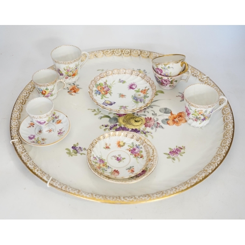 1386 - A Dresden floral painted tray and other coffee wares, 39cm diameter. Condition - poor to fair