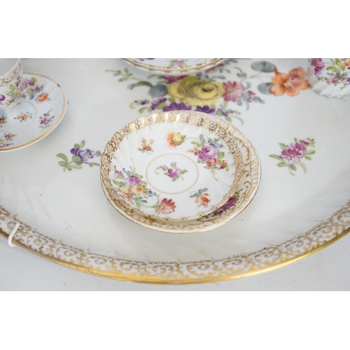 1386 - A Dresden floral painted tray and other coffee wares, 39cm diameter. Condition - poor to fair