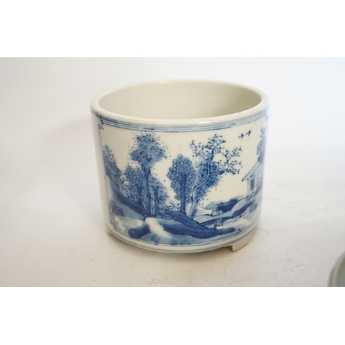 1388 - A Chinese blue and white footed brush pot and celadon glazed fish bowl, tallest 9cm. Condition - g... 