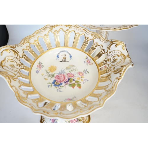 1391 - A pair of Copeland & Garrett porcelain crested comports in two parts, c.1840, 33cm. Condition - poor... 