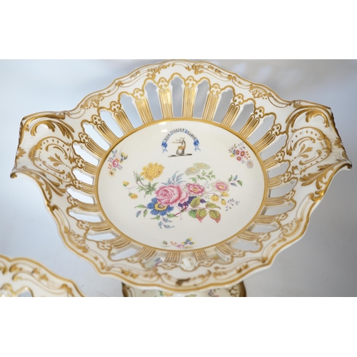 1391 - A pair of Copeland & Garrett porcelain crested comports in two parts, c.1840, 33cm. Condition - poor... 