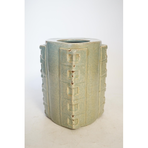 1395 - A Chinese celadon glazed cong jar, 18cm high. Condition - poor to fair, some chipping