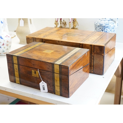 1398 - Two Victorian inlaid walnut writing slopes, largest 50cm wide. Condition - poor to fair