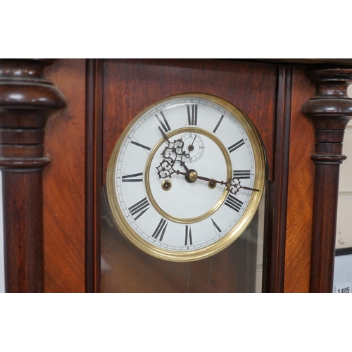 1401 - A mahogany Vienna regulator wall clock, approximately 120cm high. Condition - unknown if in working ... 