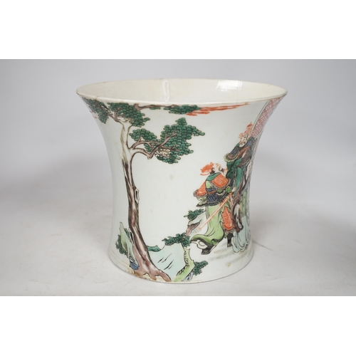 1407 - A Chinese famille verte waisted brushpot, 18cm high. Condition - good