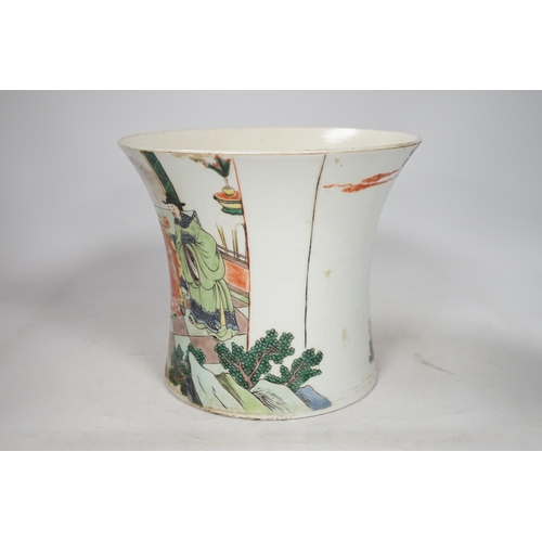 1407 - A Chinese famille verte waisted brushpot, 18cm high. Condition - good