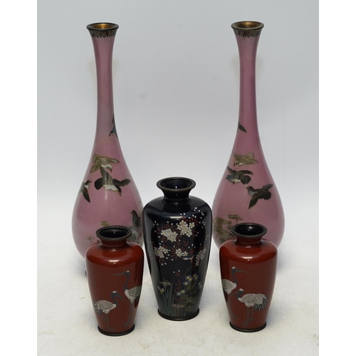 1423 - Two pairs and another Japanese cloisonné vases, Meiji period, tallest 25cm. Condition - two vases re... 