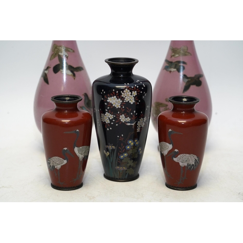 1423 - Two pairs and another Japanese cloisonné vases, Meiji period, tallest 25cm. Condition - two vases re... 