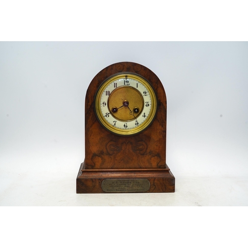 1424 - An Edwardian mantel clock with Arabic dial and applied plaque, 25cm high. Condition - fair to good, ... 