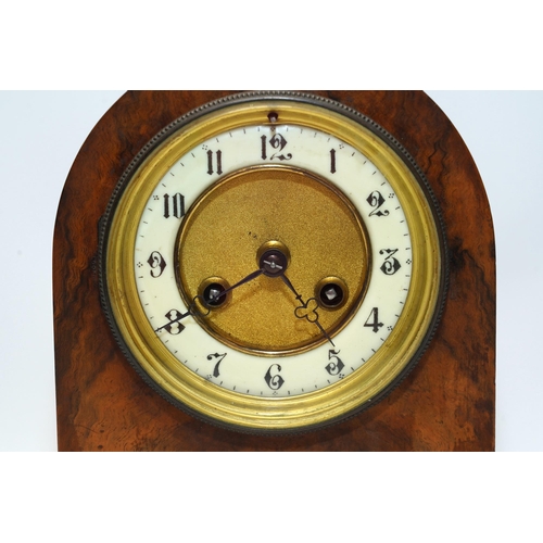 1424 - An Edwardian mantel clock with Arabic dial and applied plaque, 25cm high. Condition - fair to good, ... 